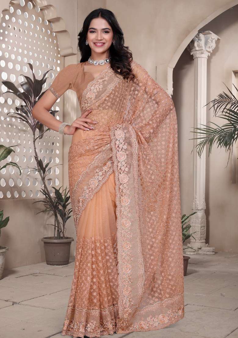 Peach Embroidered Net Saree Set for Diwali and Festive Wear - Indya