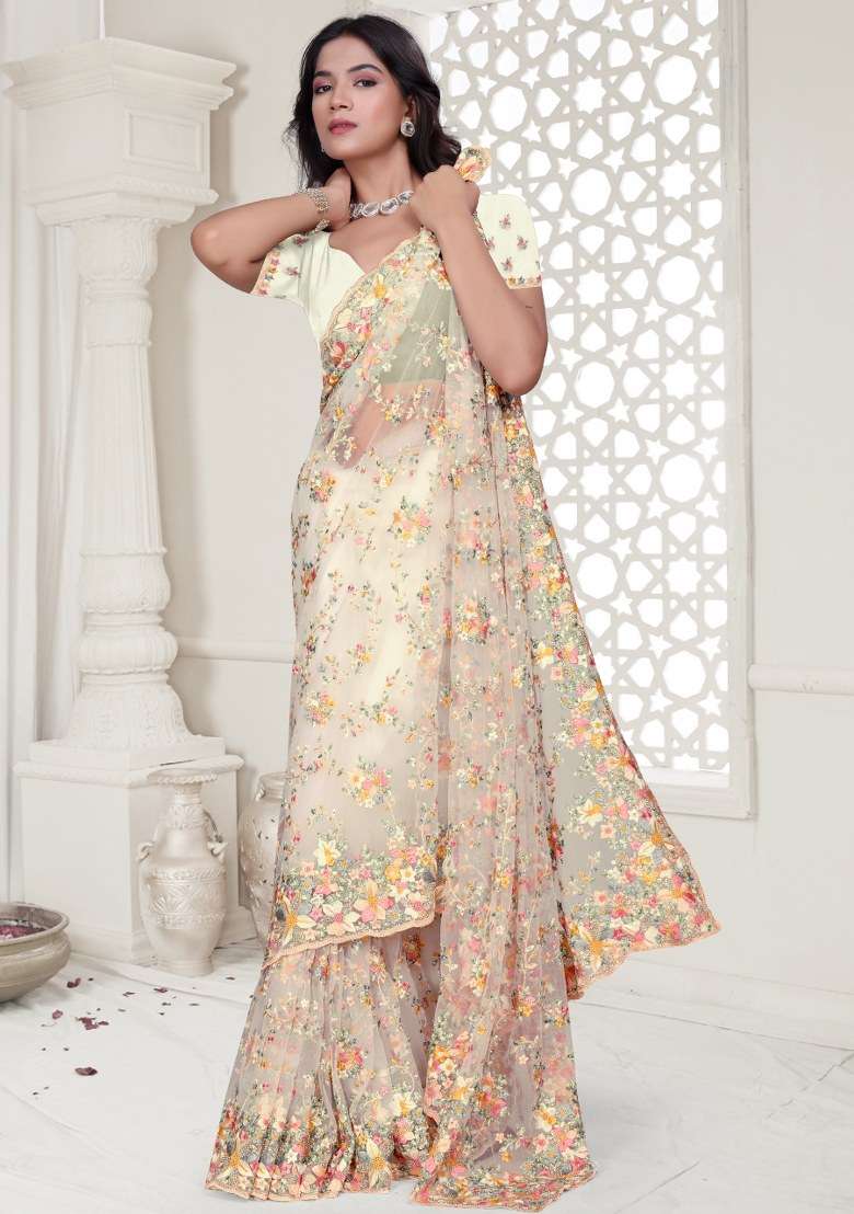 White Embroidered Net Saree Set - Indya