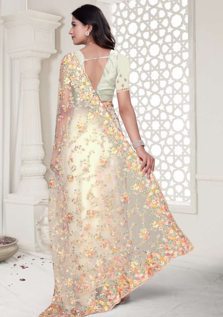 White Embroidered Net Saree Set - Indya