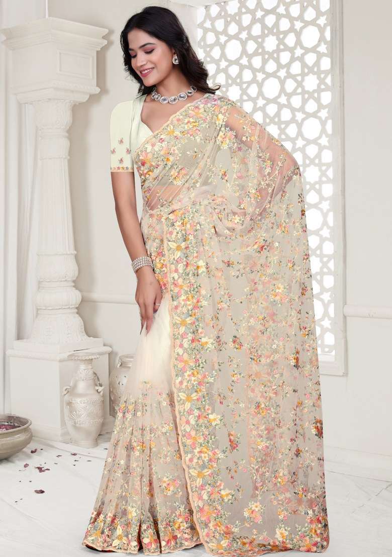 White Embroidered Net Saree Set - Indya