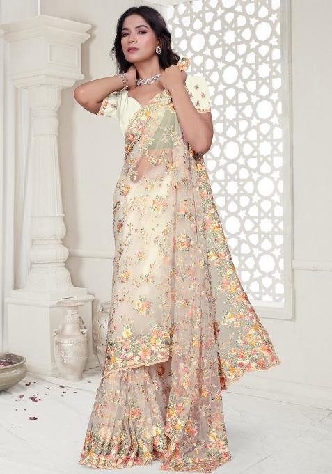 White Embroidered Net Saree Set