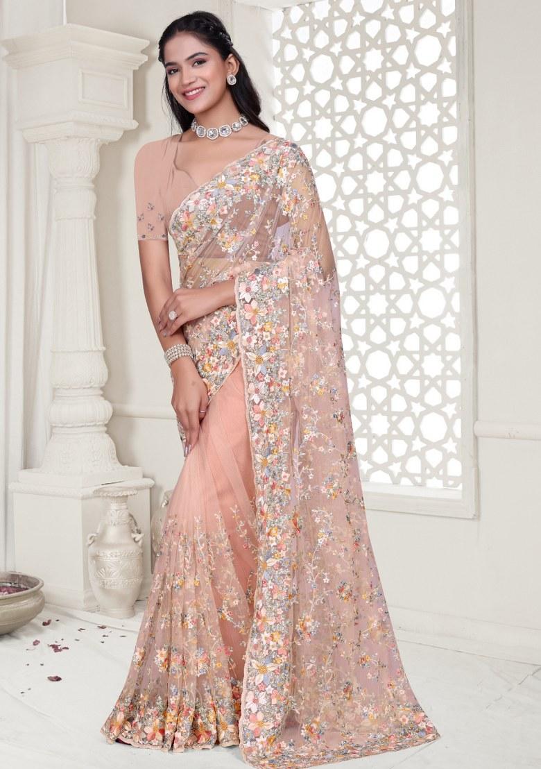 Peach Embroidered Net Saree Set