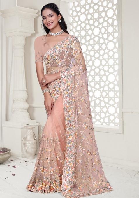 Peach Embroidered Net Saree Set