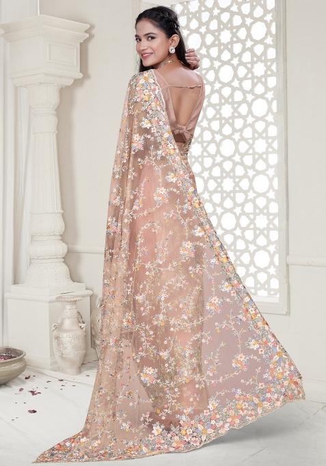Peach Embroidered Net Saree Set