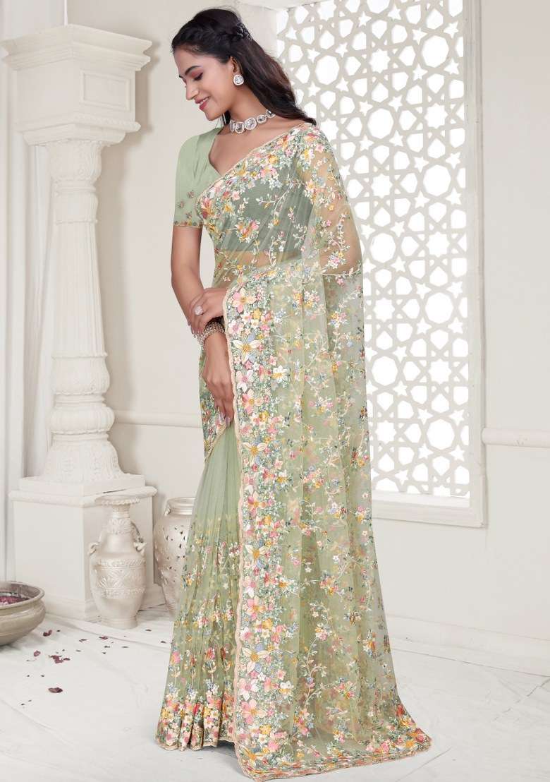 Pista Embroidered Net Saree Set - Indya