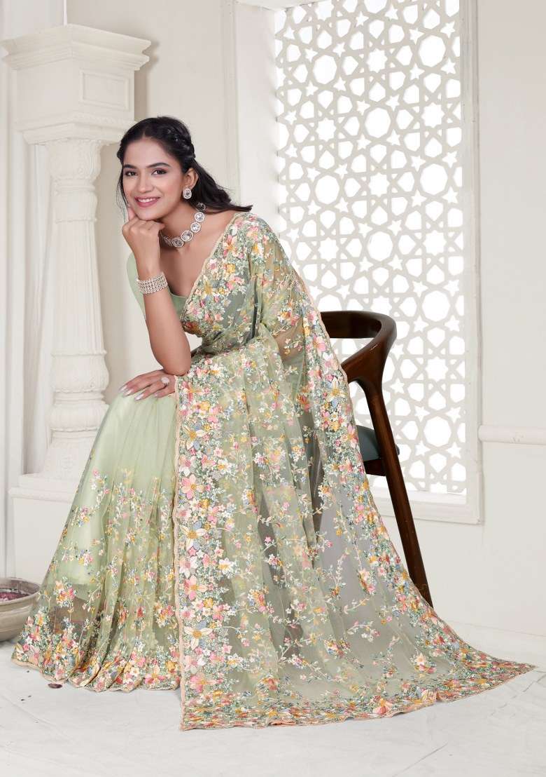 Pista Embroidered Net Saree Set - Indya