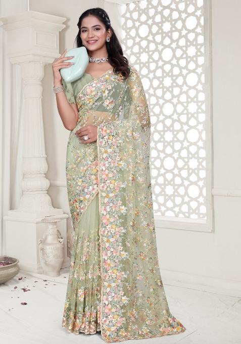 Pista Embroidered Net Saree Set
