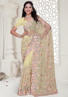 Yellow Embroidered Net Saree Set