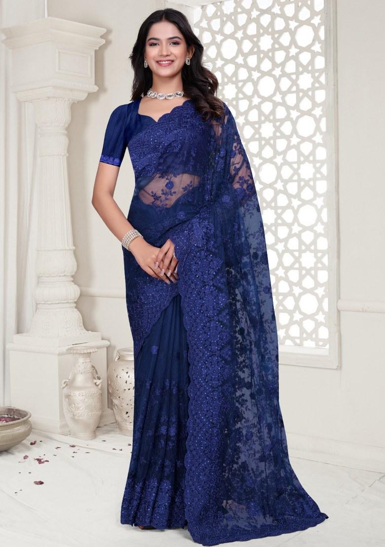 Navy Embroidered Net Saree Set