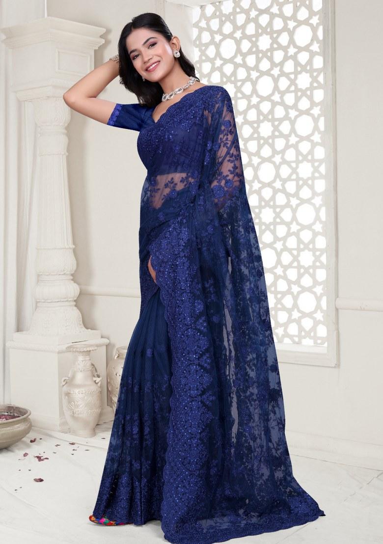 Navy Embroidered Net Saree Set