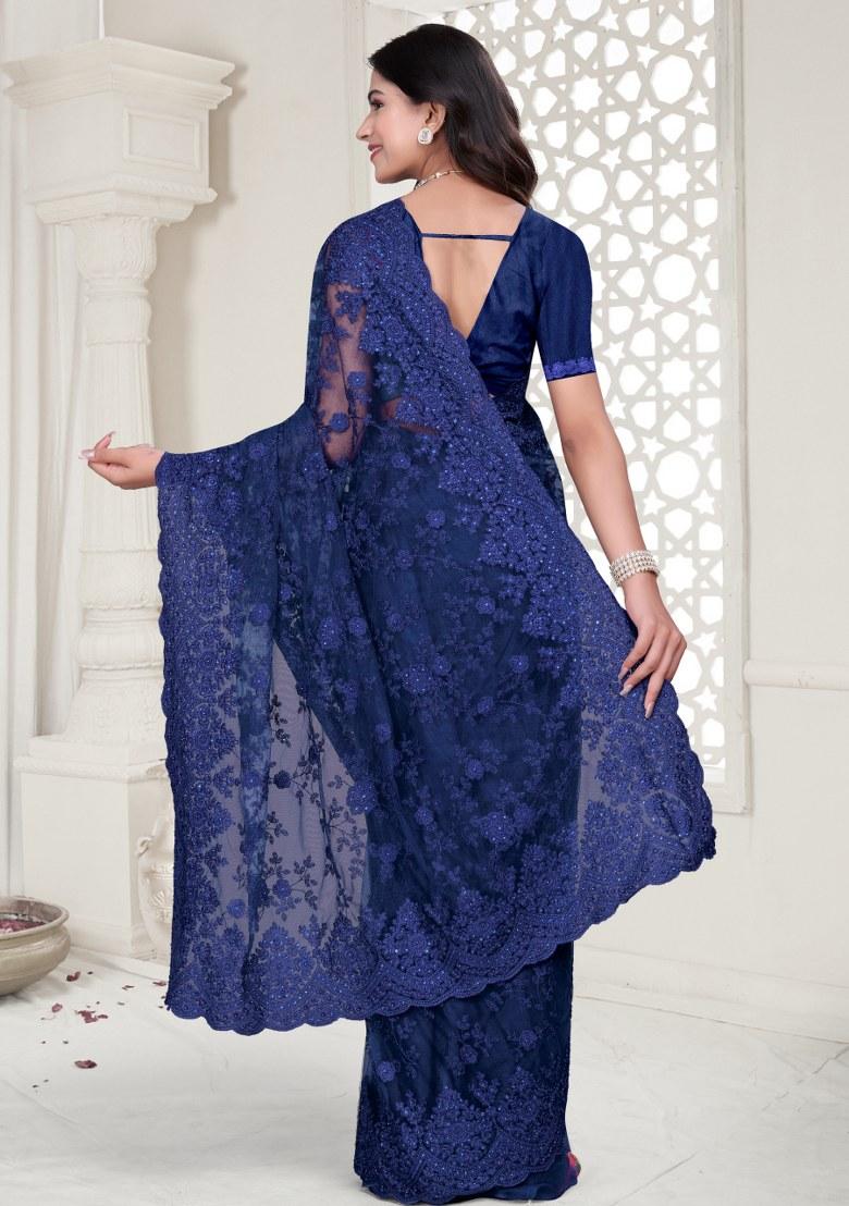 Navy Embroidered Net Saree Set