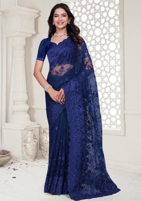 Navy Embroidered Net Saree Set