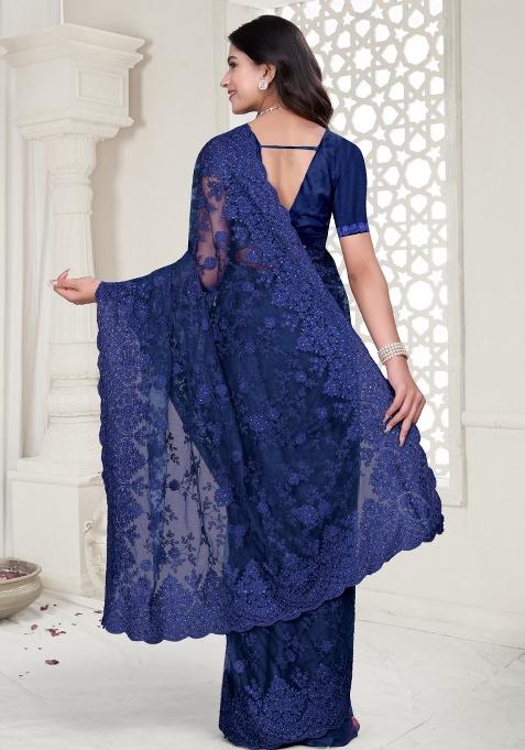 Navy Embroidered Net Saree Set