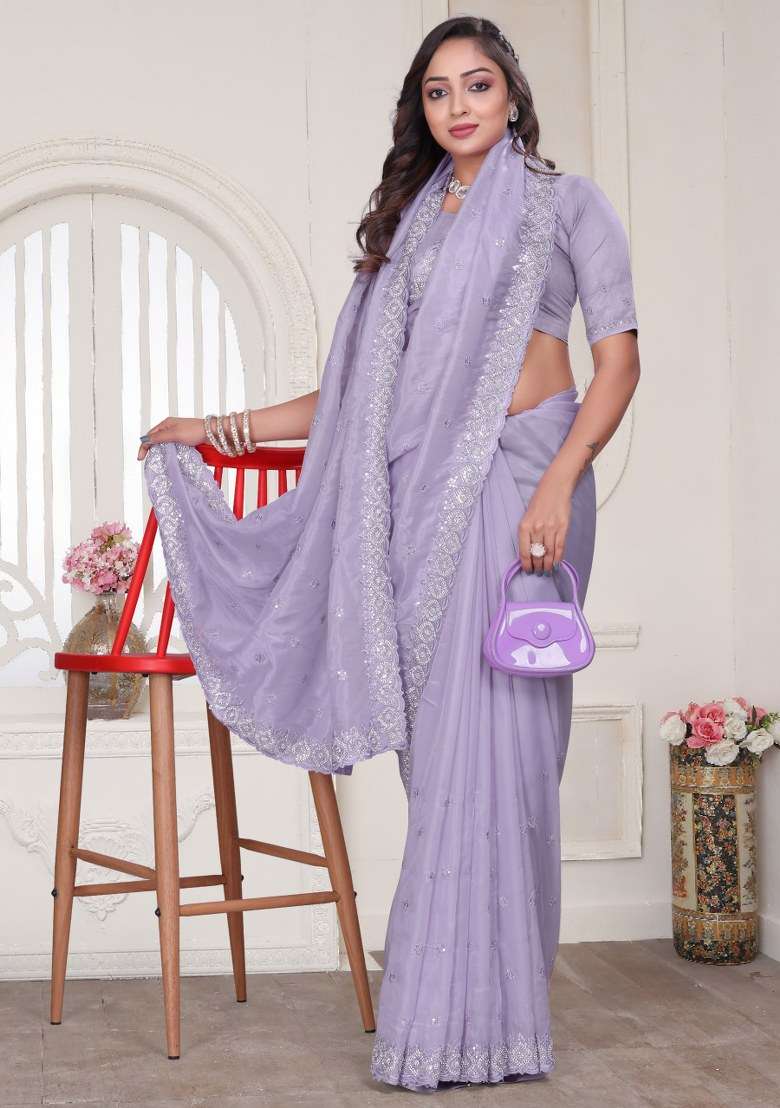 Lavender Embroidered Crystal Silk Blend Saree Set for Diwali and Festive Wear - Indya