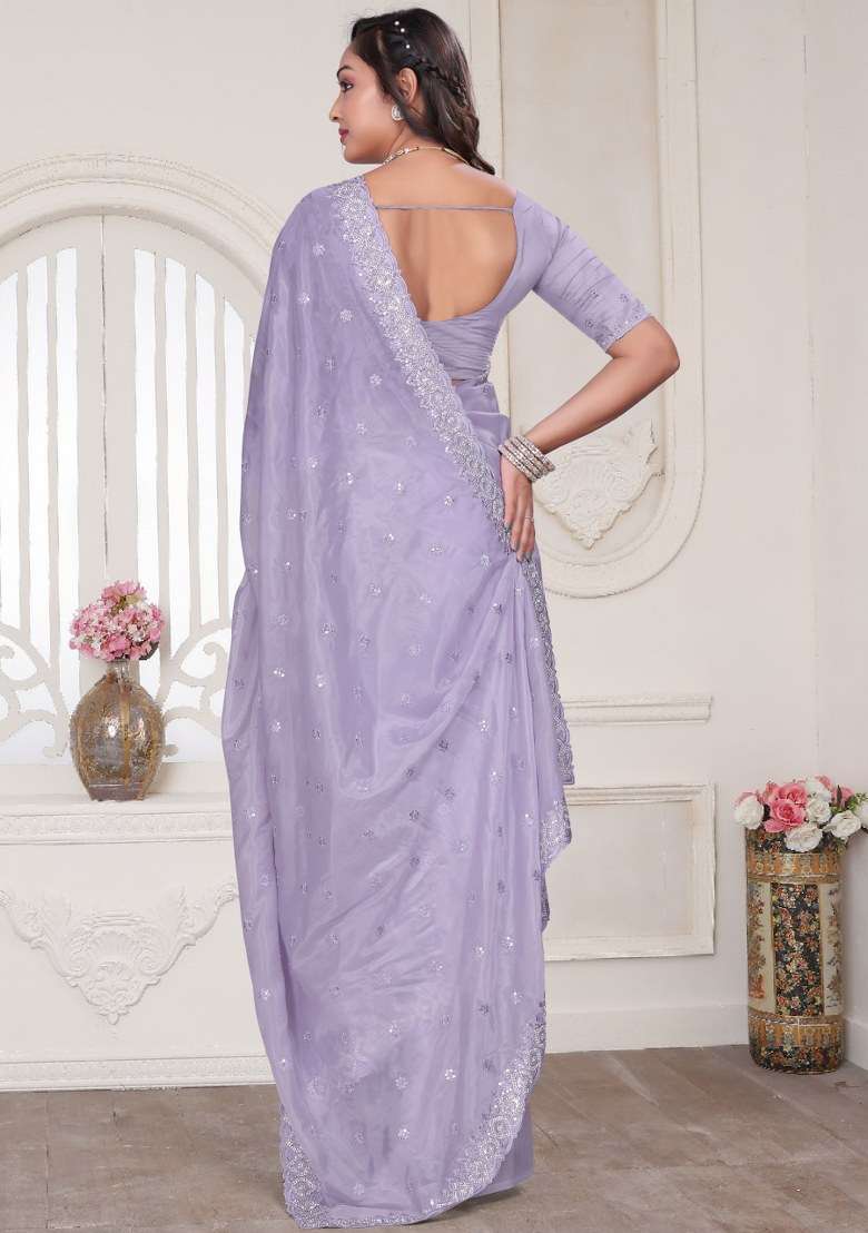 Lavender Embroidered Crystal Silk Blend Saree Set for Diwali and Festive Wear - Indya