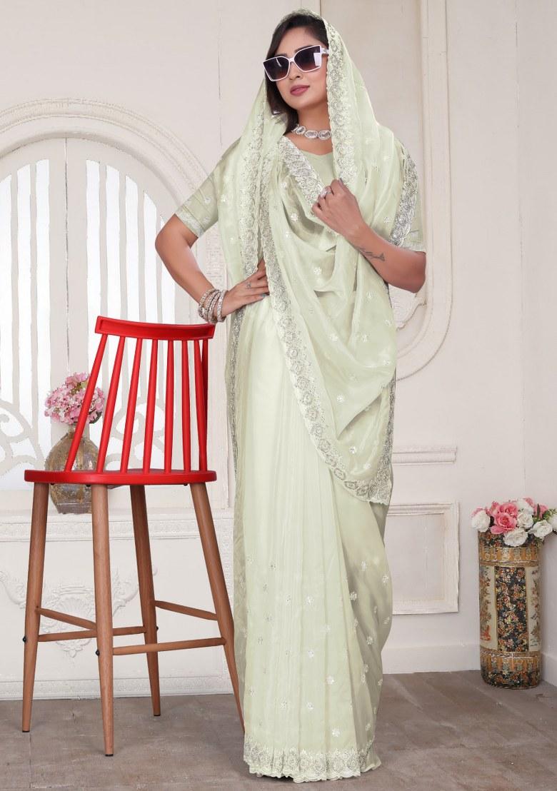 Cream Embroidered Crystal Silk Saree Set