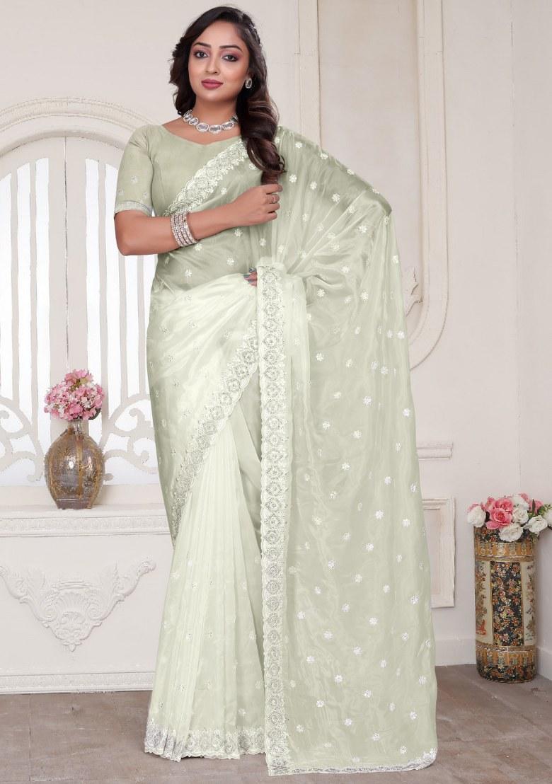 Cream Embroidered Crystal Silk Saree Set