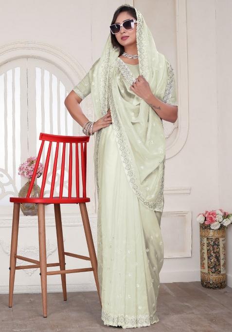 Cream Embroidered Crystal Silk Saree Set