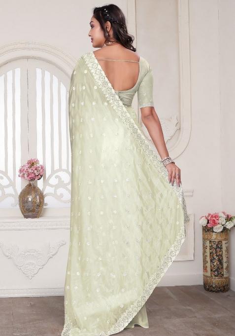 Cream Embroidered Crystal Silk Saree Set