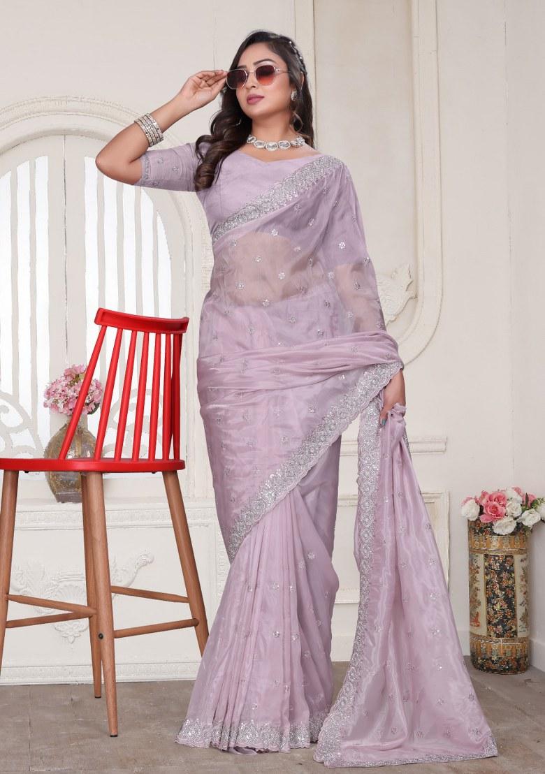 Dusty Pink Embroidered Crystal Silk Saree Set