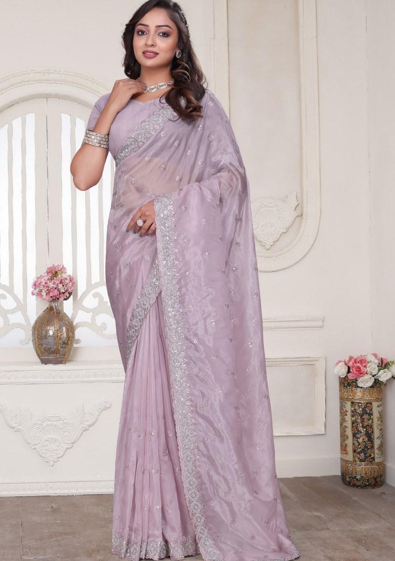 Dusty Pink Embroidered Crystal Silk Saree Set