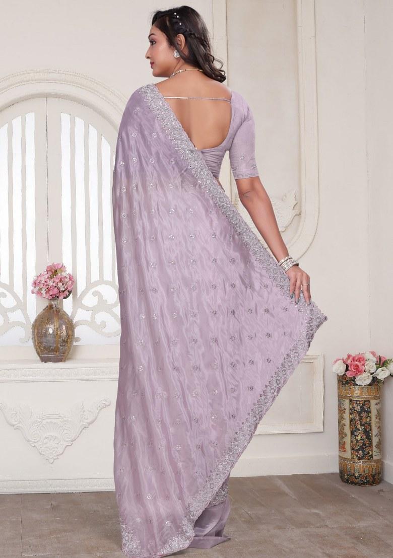 Dusty Pink Embroidered Crystal Silk Saree Set