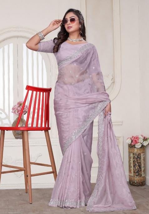 Dusty Pink Embroidered Crystal Silk Saree Set