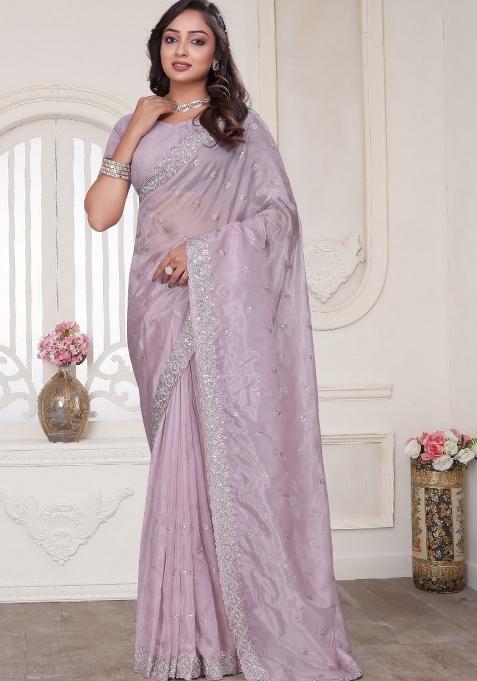 Dusty Pink Embroidered Crystal Silk Saree Set