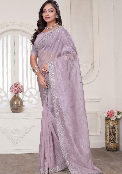 Dusty Pink Embroidered Crystal Silk Saree Set