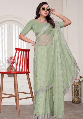 Pista Embroidered Crystal Silk Blend Saree Set