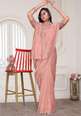 Peach Embroidered Crystal Silk Blend Saree Set