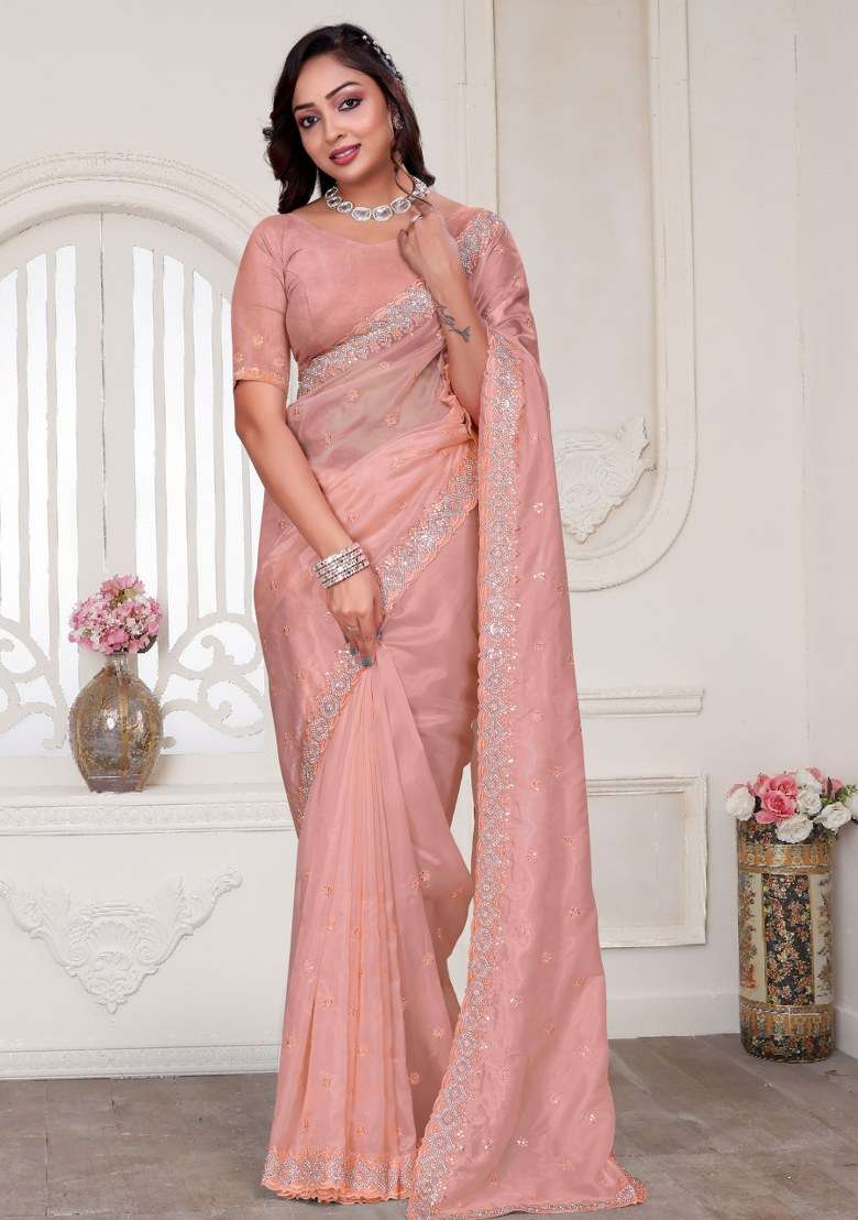 Peach Embroidered Crystal Silk Blend Saree Set for Diwali and Festive Wear - Indya
