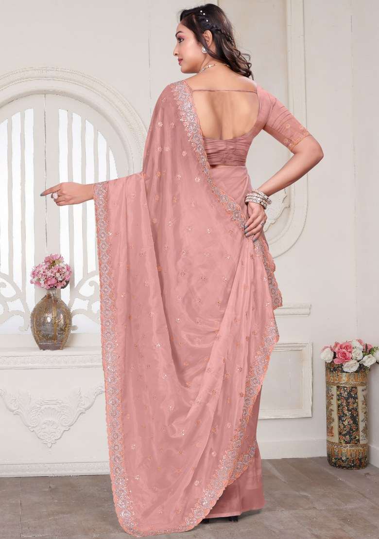 Peach Embroidered Crystal Silk Blend Saree Set for Diwali and Festive Wear - Indya
