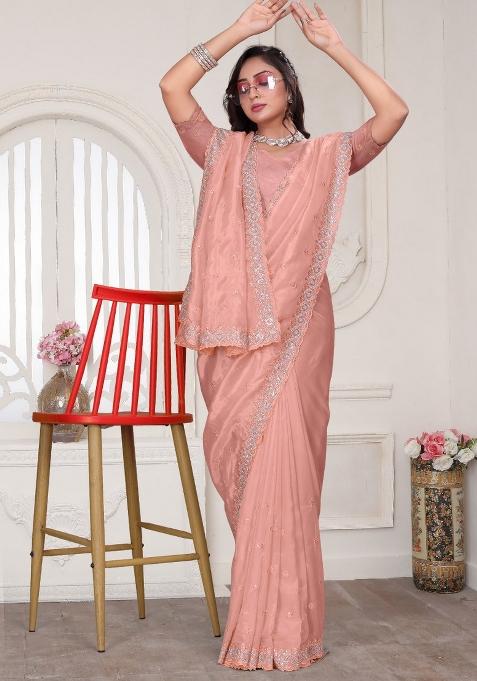 Peach Embroidered Crystal Silk Saree Set
