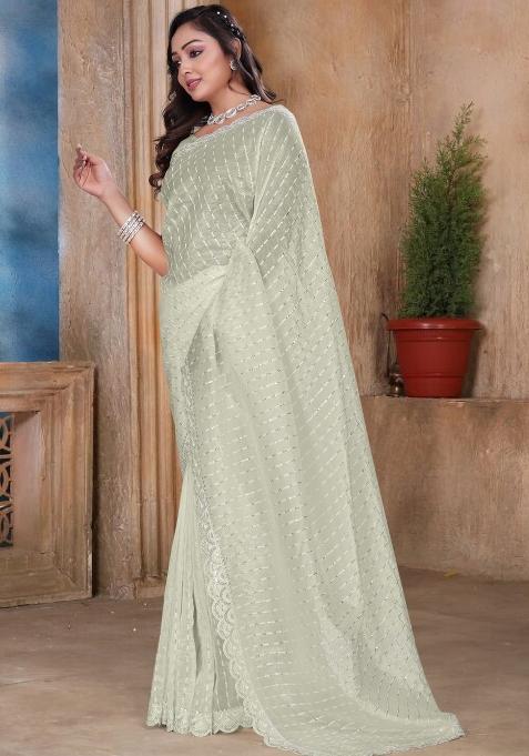 Cream Embroidered Gold Crush Silk Saree Set