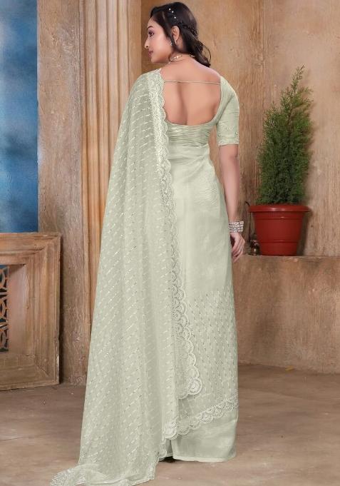 Cream Embroidered Gold Crush Silk Saree Set