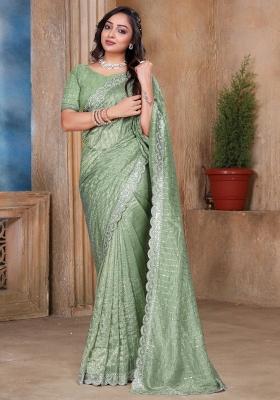 Pista Embroidered Gold Crush Silk Saree Set