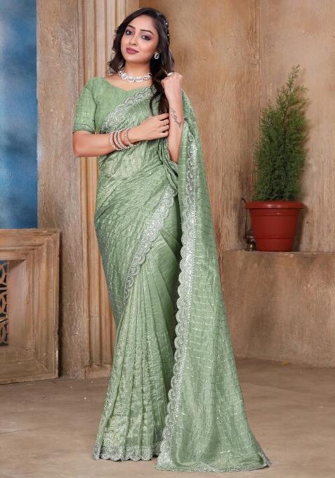 Pista Embroidered Gold Crush Silk Saree Set
