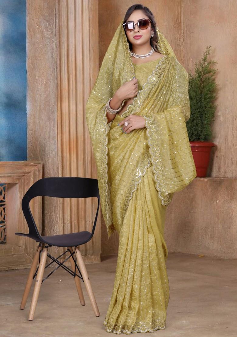 Mustrad Embroidered Gold Crush Silk Saree Set
