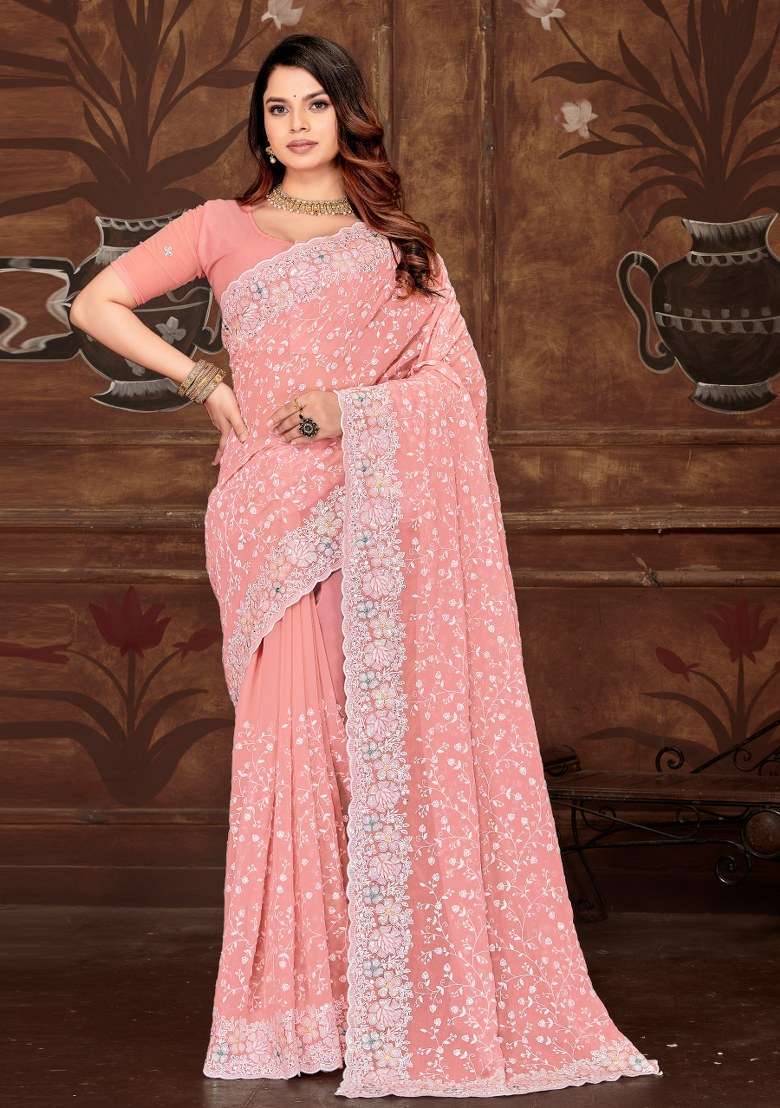 Pink Embroidered Gorgette Saree Set for Diwali and Festive Wear - Indya
