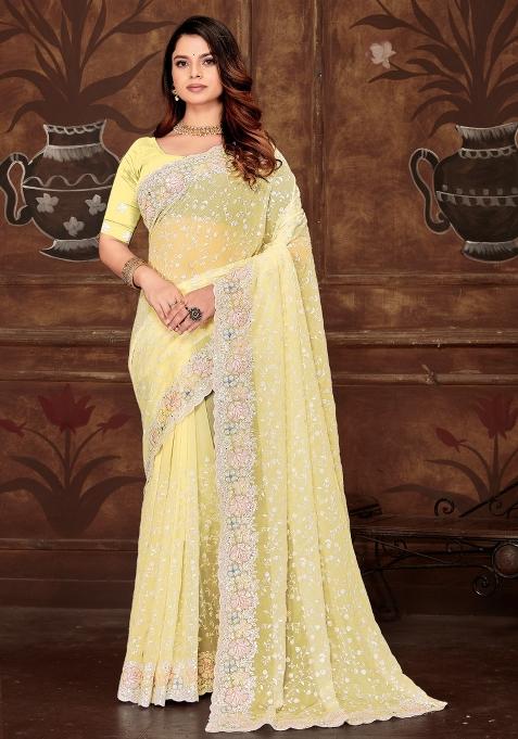 Yellow Embroidered Gorgette Saree Set