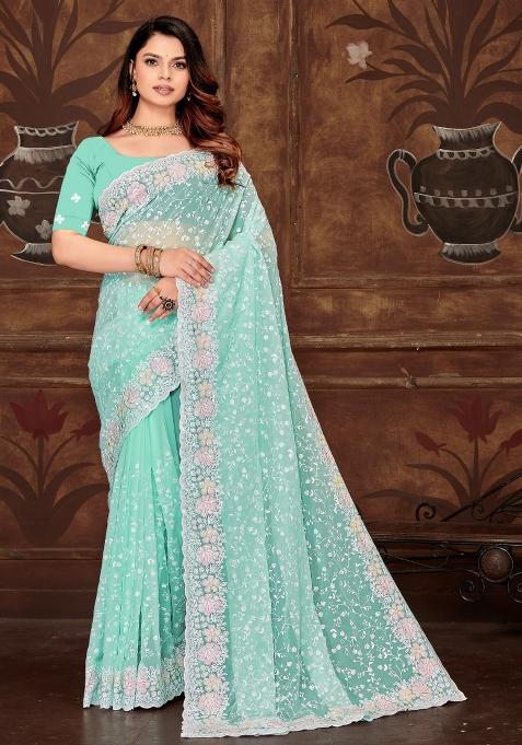 Sky Embroidered Gorgette Saree Set