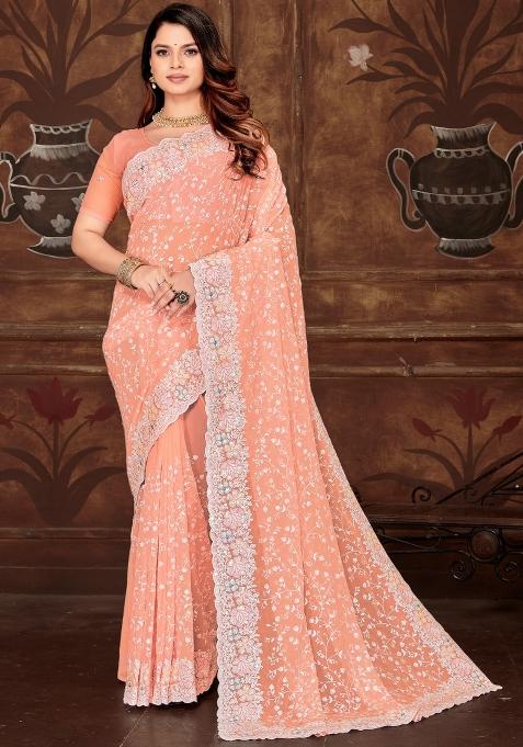 Peach Embroidered Gorgette Saree Set