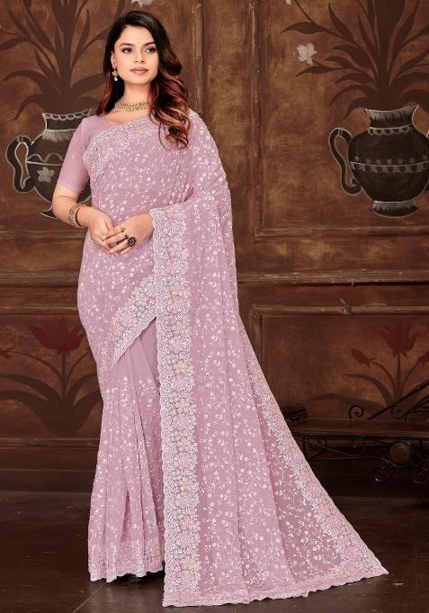 Lavender Embroidered Gorgette Saree Set