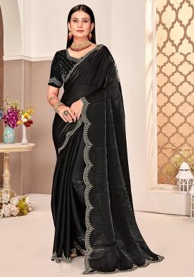 Black Embroidered Fendi Satin Silk Two Ton Saree Set