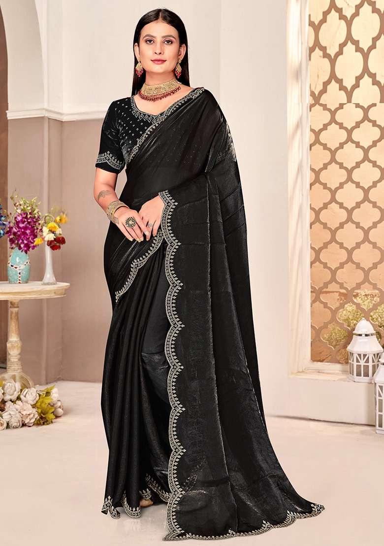 Black Embroidered Fendi Satin Silk Blend Two Ton Saree Set for Diwali and Festive Wear - Indya