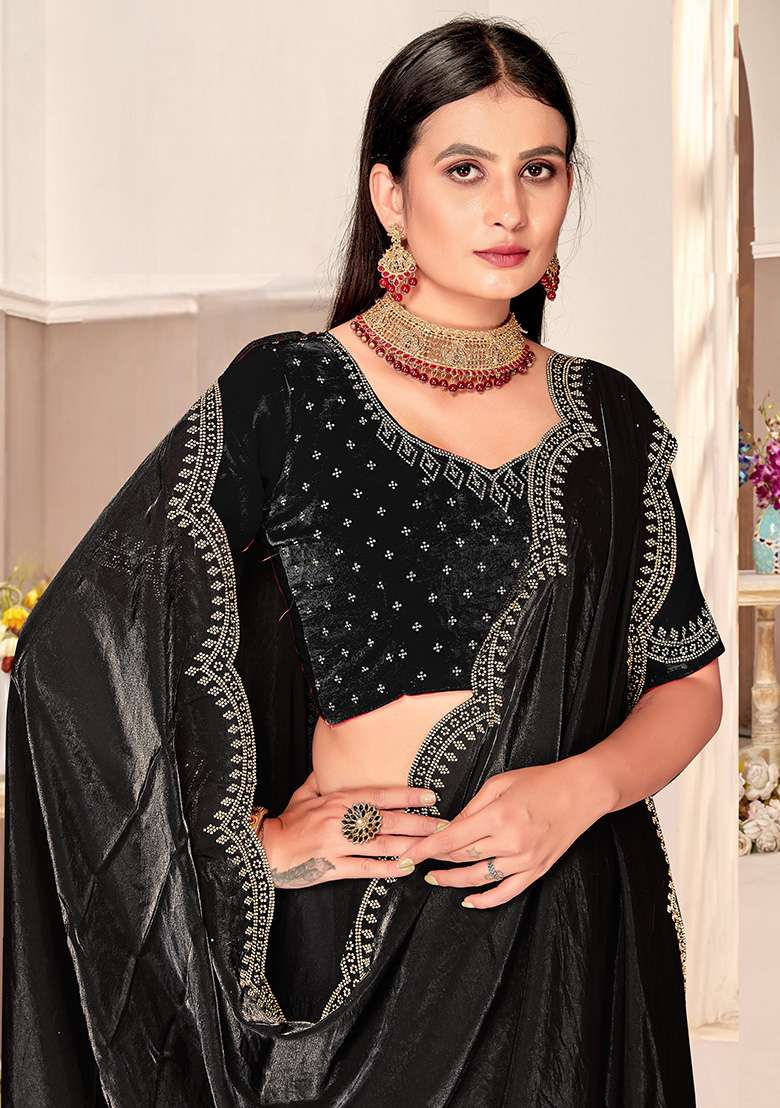 Black Embroidered Fendi Satin Silk Blend Two Ton Saree Set for Diwali and Festive Wear - Indya