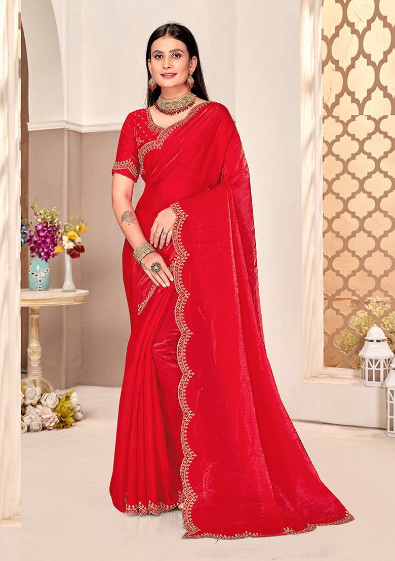 Red Fendi Blend Two Ton Satin Silk Saree Set with Embroidered for Diwali | Wedding & Festive Wear - Indya