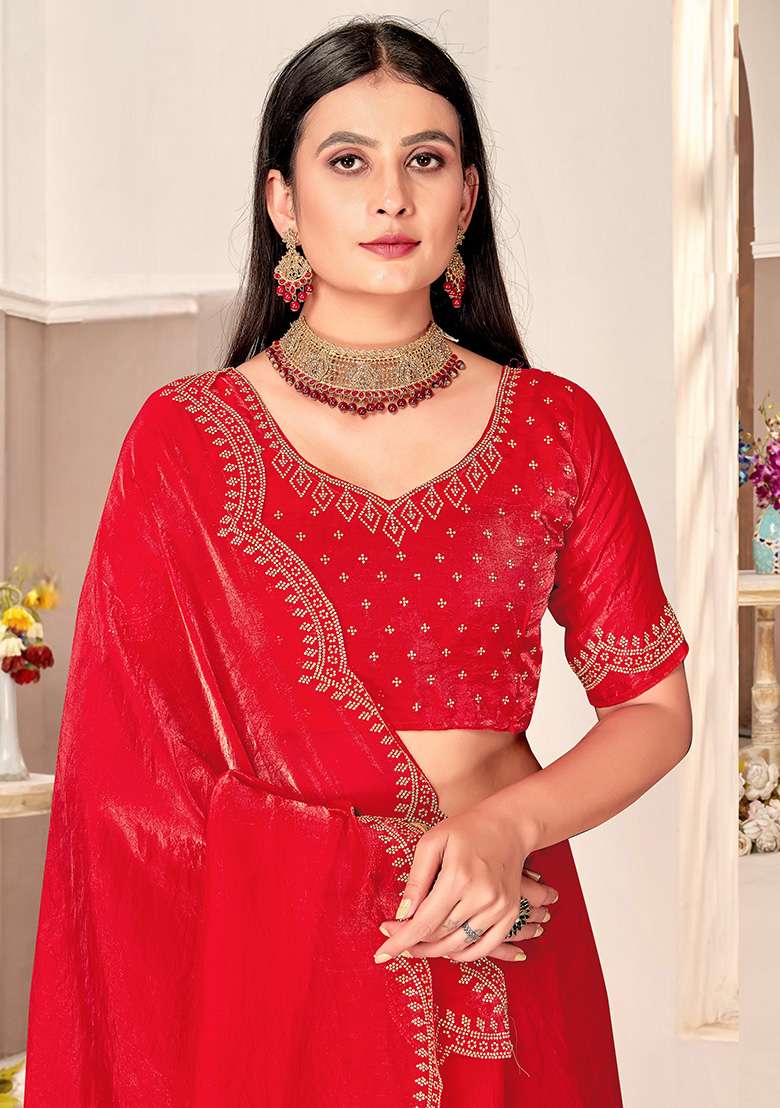 Red Fendi Blend Two Ton Satin Silk Saree Set with Embroidered for Diwali | Wedding & Festive Wear - Indya
