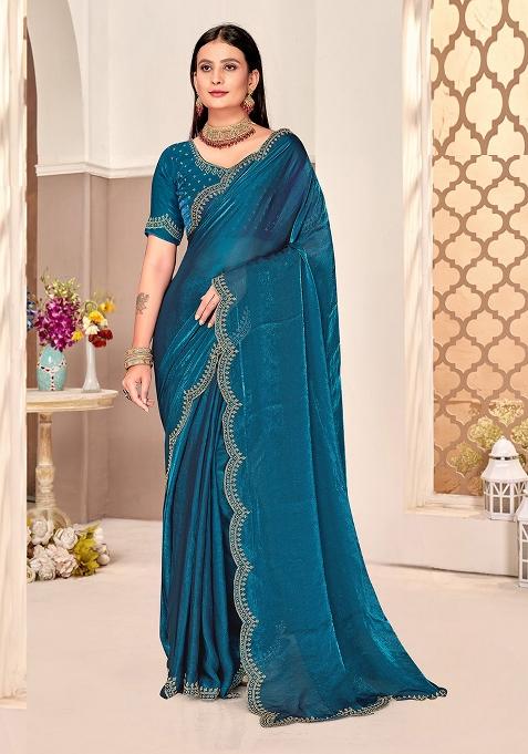 Morpeach Embroidered Fendi Satin Silk Two Ton Saree Set